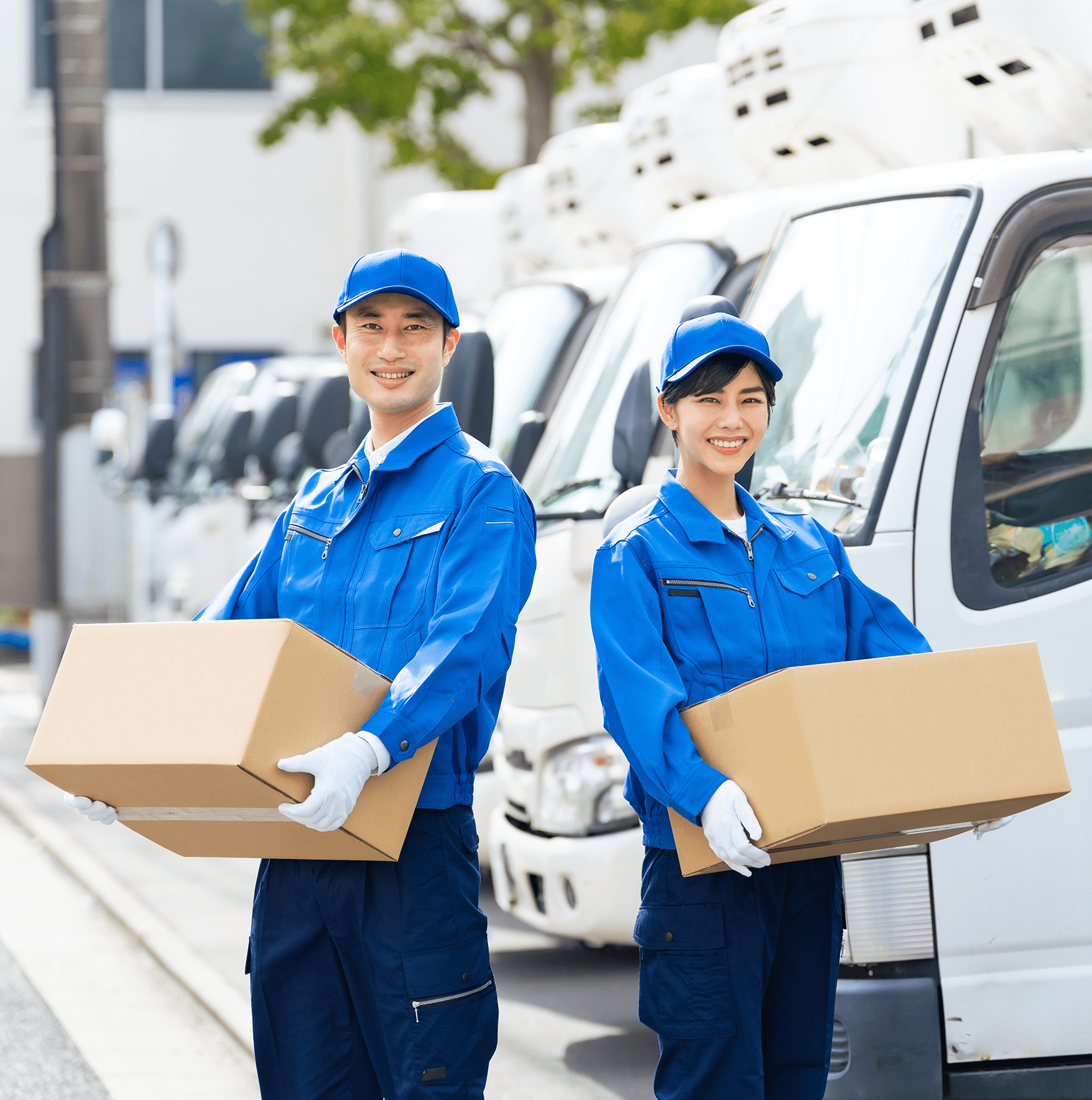 笑顔で荷物を持つ作業服姿の男女ドライバー